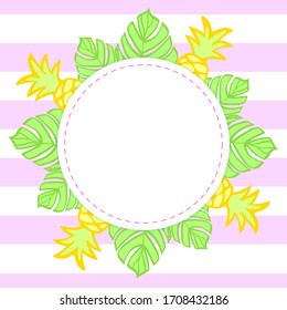 Marco redondeado de hojas tropicales y piñas con espacio para copiar. Vacaciones de verano. Borde decorativo en el fondo a rayas. Ilustración vectorial de material.