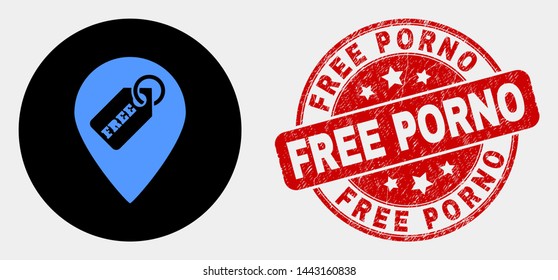 Rounded free tag marker icon and Free Porno seal stamp. Red rounded distress seal stamp with Free Porno caption. Blue free tag marker icon on black circle. Vector composition in flat style.