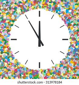 Rounded Free Text Area Formed of Colourful Confetti with Clock Symbol - New Year Greeting Card -  Five Before Twelve - Dots, Polka Dots, Points