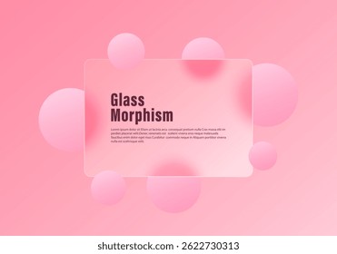 Rounded frosted glass panel with soft pink 3D spheres over a gentle rose-pink pastel gradient background, clean and elegant modern vector layout.