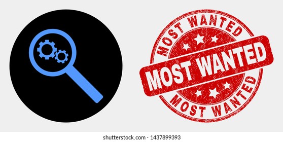 Rounded gears audit icon and Most Wanted seal stamp. Red rounded textured seal stamp with Most Wanted text. Blue gears audit icon on black circle. Vector combination for gears audit in flat style.