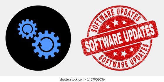 Rounded gears rotation icon and Software Updates seal. Red rounded scratched seal stamp with Software Updates caption. Blue gears rotation icon on black circle.