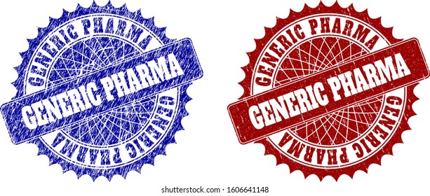 Rounded GENERIC PHARMA watermarks. Blue and red grunge seal stamps with GENERIC PHARMA phrase inside rounded rosette. Flat vector watermarks with grunge textures.