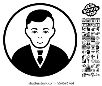 Rounded Gentleman icon with bonus business, time management and calendar pictograph collection. Vector illustration style is flat iconic symbols, black color, white background.