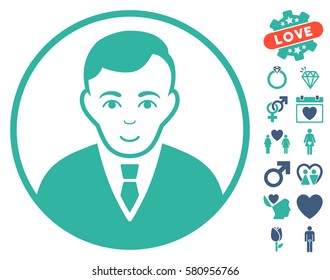 Rounded Gentleman icon with bonus decorative symbols. Vector illustration style is flat iconic cobalt and cyan symbols on white background.