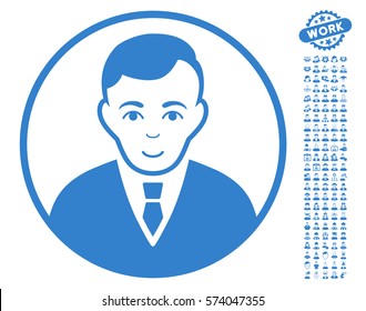 Rounded Gentleman icon with bonus occupation graphic icons. Vector illustration style is flat iconic cobalt symbols on white background.