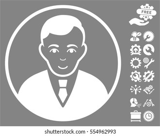 Rounded Gentleman icon with bonus setup tools symbols. Vector illustration style is flat iconic white symbols on gray background.