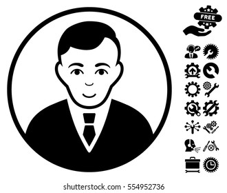 Rounded Gentleman icon with bonus tools pictograms. Vector illustration style is flat iconic black symbols on white background.
