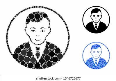 Rounded gentleman mosaic of filled circles in various sizes and color tints, based on rounded gentleman icon. Vector filled circles are united into blue mosaic.
