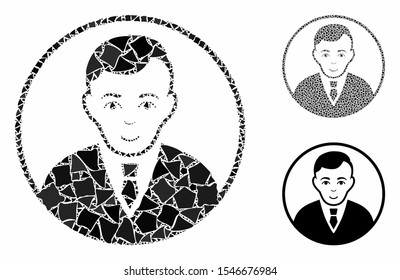 Rounded gentleman mosaic of rough elements in different sizes and color tones, based on rounded gentleman icon. Vector humpy elements are organized into collage.