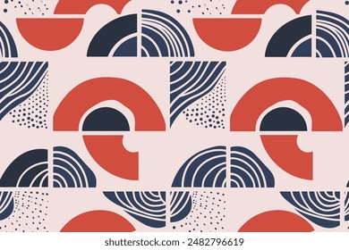 Rounded geometric shapes seamless pattern. Memphis color red blue cartoon isolated textile print pattern. Vector illustration on background