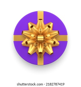 Caja de regalo redondeada envoltura púrpura con lazo de arco dorado atado brillante sorpresa romántica arriba vista 3d ilustración vectorial. Caja de regalo de vacaciones costosa para felicitaciones de amor de San Valentín