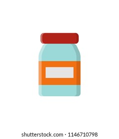 Rounded glass bottle having schematic label and paper note with place for writing, medical packaging for storage, isolated on vector illustration