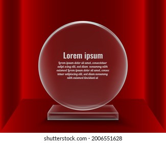 Rounded glass plaque award, glass medal isolated perspective gradient red color