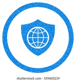 Rounded Global Shield rubber seal stamp watermark. Icon symbol inside circle with grunge design and dust texture. Unclean vector blue sign.
