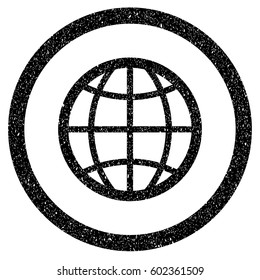 Rounded Globe rubber seal stamp watermark. Icon symbol inside circle with grunge design and unclean texture. Unclean vector black sticker.