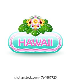 Rounded and glossy button with traditional polynesian floral decoration and lettering Hawaii that is one of the Hawaiian islands.