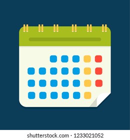 Rounded Green Calendar with bent corner. Isolated Flat Web Mobile Icon on Dark Background.