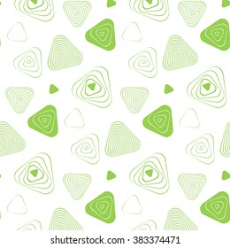 Rounded green color triangles on white background. Abstract seamless pattern design, vector triangles, geometrical pattern, Monochrome geometric fun childish seamless pattern. Memphis fashion style.