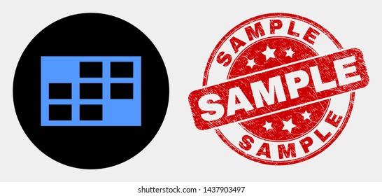 Rounded grid cells pictogram and Sample stamp. Red rounded textured seal stamp with Sample caption. Blue grid cells icon on black circle. Vector composition for grid cells in flat style.