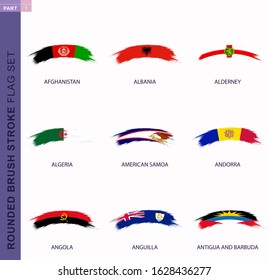Rounded grunge brush stroke flag set, flags of Afghanistan, Albania, Alderney, Algeria, American Samoa, Andorra, Angola, Anguilla, Antigua and Barbuda