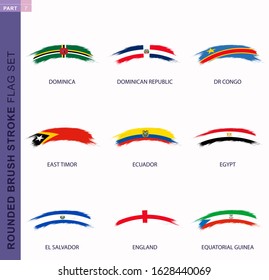 Rounded grunge brush stroke flag set, flags of Dominica, Dominican Republic, DR Congo, East Timor, Ecuador, Egypt, El Salvador, England, Equatorial Guinea