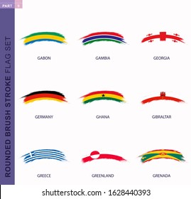 Rounded grunge brush stroke flag set, flags of Gabon, Gambia, Georgia, Germany, Ghana, Gibraltar, Greece, Greenland, Grenada