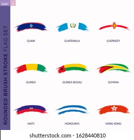Rounded grunge brush stroke flag set, flags of Guam, Guatemala, Guernsey, Guinea, Guinea-Bissau, Guyana, Haiti, Honduras, Hong Kong