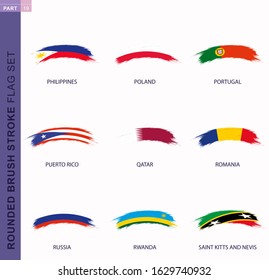 Rounded grunge brush stroke flag set, flags of Philippines, Poland, Portugal, Puerto Rico, Qatar, Romania, Russia, Rwanda, Saint Kitts and Nevis