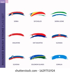 Rounded grunge brush stroke flag set, flags of Serbia, Seychelles, Sierra Leone, Singapore, Sint Maarten, Slovakia, Slovenia, Solomon Islands, Somalia