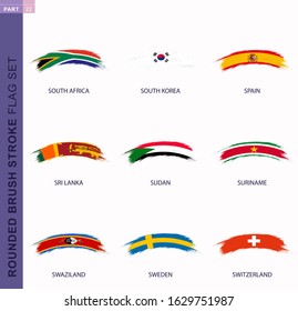 Rounded grunge brush stroke flag set, flags of South Africa, South Korea, Spain, Sri Lanka, Sudan, Suriname, Swaziland, Sweden, Switzerland