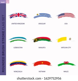 Rounded grunge brush stroke flag set, flags of United Kingdom, Uruguay, USA, Uzbekistan, Vanuatu, Vatican City, Venezuela, Vietnam, Wales