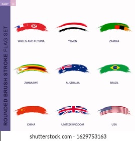 Rounded grunge brush stroke flag set, flags of Australia, Brazil, China, UK, USA, Wallis and Futuna, Yemen, Zambia, Zimbabwe