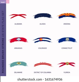 Rounded grunge brush stroke US states flag set, state flags of Alabama, Alaska, Arizona, Arkansas, Colorado, Connecticut, Delaware, District of Columbia, Florida