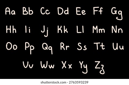 Rounded hand drawn alphabet set with uppercase and lowercase letters, clean playful handwriting font, soft modern typography for branding and kids design