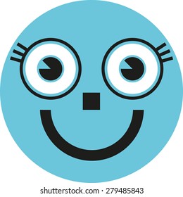 Rounded happy cartoon face with big blue eyes and white background, isolated