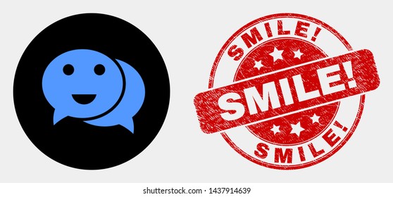 Rounded happy chat pictogram and Smile! seal stamp. Red rounded textured seal stamp with Smile! text. Blue happy chat symbol on black circle. Vector composition for happy chat in flat style.
