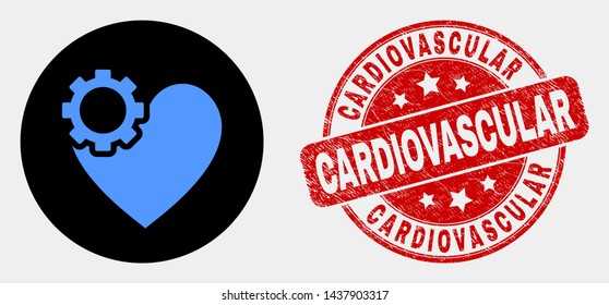 Rounded heart gear pictogram and Cardiovascular stamp. Red rounded grunge stamp with Cardiovascular text. Blue heart gear symbol on black circle. Vector composition for heart gear in flat style.
