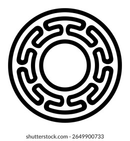 Rounded hexafoil meander pattern. Disk with a smooth serpentine pattern, made of a single continuous line, shaped into a seamless motif, also known as Greek key pattern. Isolated illustration. Vector