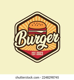 Rounded hexagon burger logo with Burger Lettering badges, banner, labels and logo for hamburger, burger shop. Simple and minimal design. Vector illustration