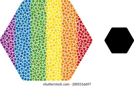 Rounded hexagon mosaic icon of filled circles in various sizes and rainbow multicolored color tinges. A dotted LGBT-colored rounded hexagon for lesbians, gays, bisexuals, and transgenders.