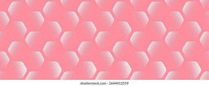 Rounded hexagon pattern abstract vector wide background in soft pink shades. Graphic halftone structure and stipple texture create bold yet creamy visual aesthetic. Ultrawide modern classy abstraction