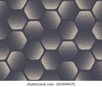 Rounded Hexagons Stippled Seamless Pattern Graphic Vector Abstract Background. Dotted Hexagon Tileable Geometric Texture Repetitive Hexagonal Wallpaper. Halftone Retro Colors Gradient Art Illustration