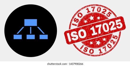 Rounded hierarchy icon and ISO 17025 watermark. Red rounded textured watermark with ISO 17025 caption. Blue hierarchy icon on black circle. Vector composition for hierarchy in flat style. svg