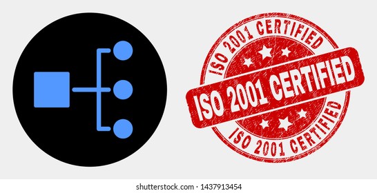 Rounded hierarchy icon and ISO 2001 Certified watermark. Red round distress watermark with ISO 2001 Certified caption. Blue hierarchy icon on black circle.
