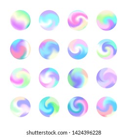 Rounded holographic gradient sphere button. Multicolor purple yellow orange pink cyan fluid circle gradients, colorful soft round buttons or vivid color spheres flat vector set - Vector graphics.