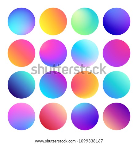 Rounded holographic gradient sphere button. Multicolor green purple yellow orange pink cyan fluid circle gradients, colorful soft round buttons or vivid color spheres flat vector set