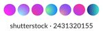 Rounded holographic gradient sphere. Multicolor green purple yellow orange pink cyan fluid circle gradients, colorful soft round buttons or vivid color spheres flat set.