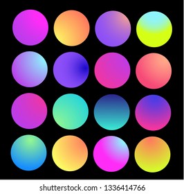Rounded holographic gradient sphere. Multicolor green purple yellow orange pink cyan fluid circle gradients, colorful soft round buttons or vivid color spheres flat set. Vector illustration 10 eps.