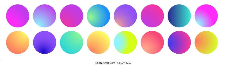 Rounded holographic gradient sphere  Multicolor green purple yellow orange pink cyan fluid circle gradients  colorful soft round buttons vivid color spheres flat set  Vector illustration 10 eps 